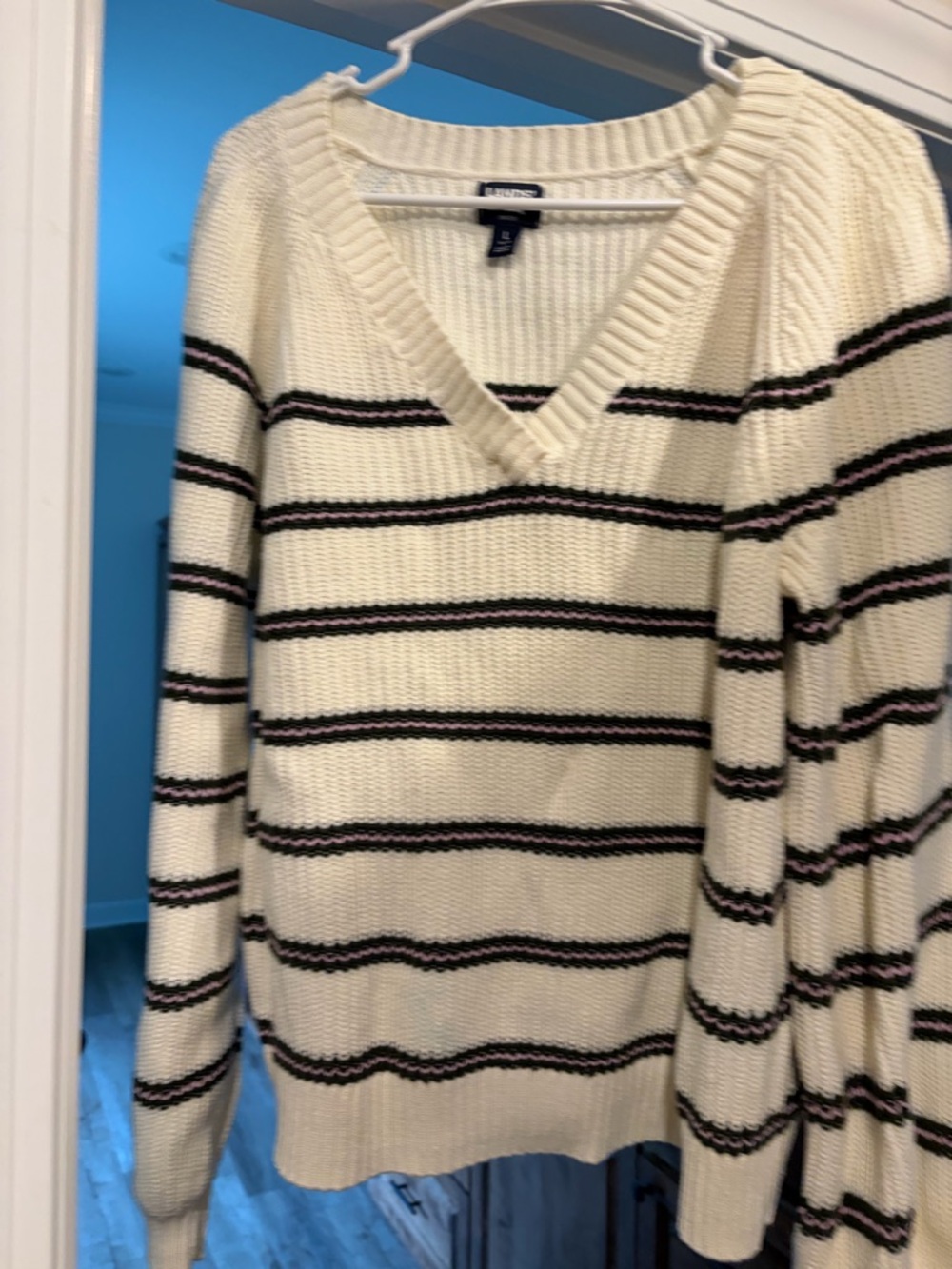 Lands' End Cream V-Neck Sweater with Black and Pink Stripes